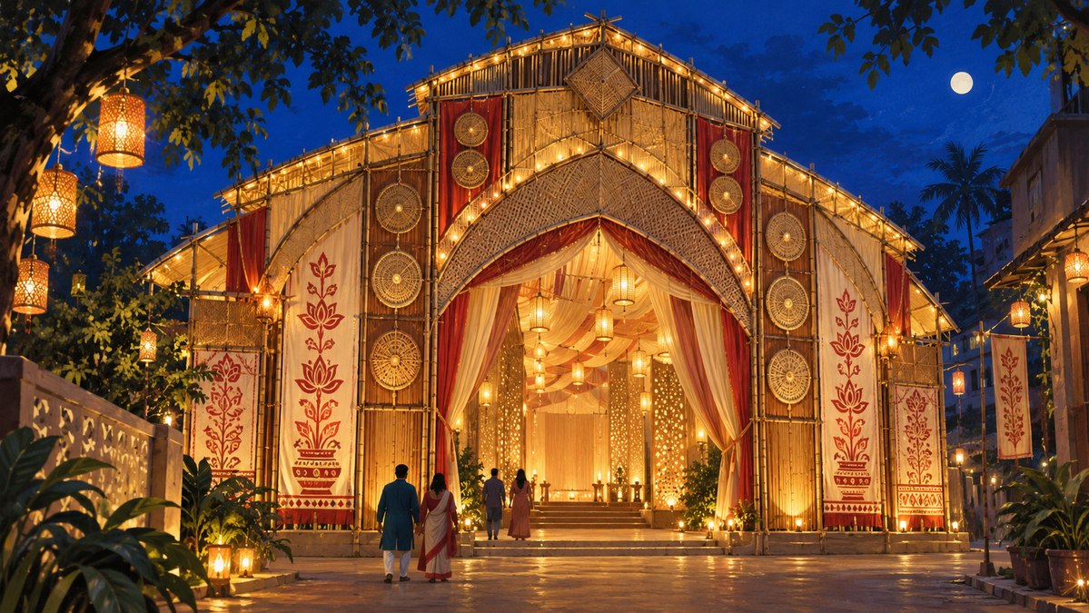Illustration of an illuminated temporary Durga Puja pandal in Bengal on a festive evening