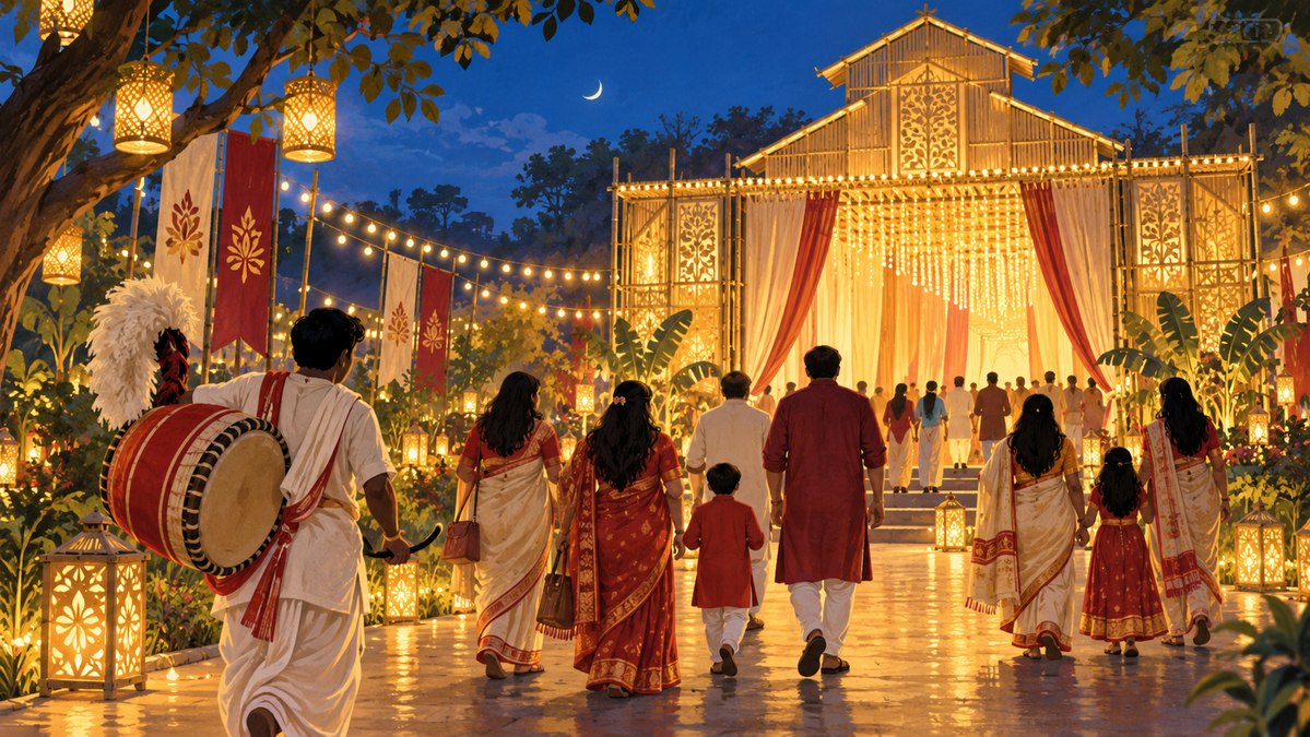 Illustration of families pandal hopping with a dhak musician, all viewed from behind