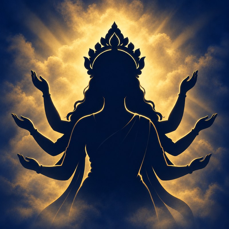 Faceless Durga silhouette with a crown and raised arms, surrounded by soft golden backlight and clouds