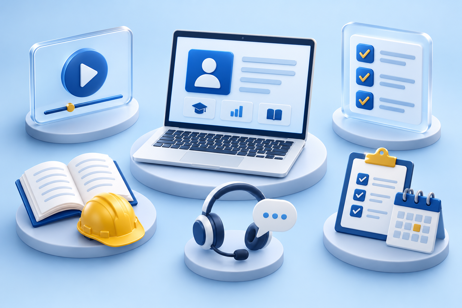 3D learning tools showing a personal portal, recorded video, book, support and examination planning